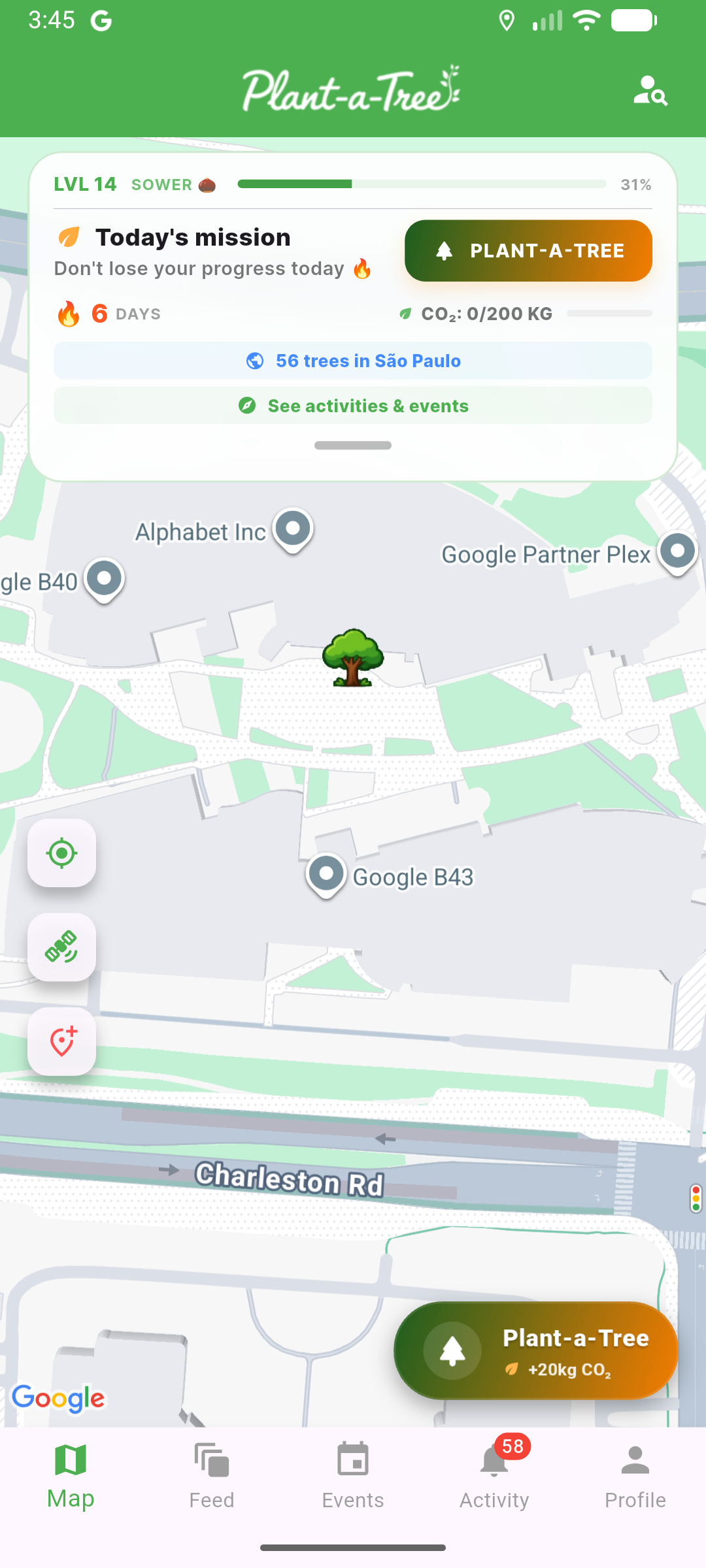 Plant-a-Tree mission card and map